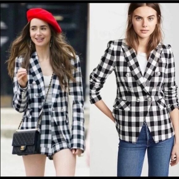 Veronica Beard Miller Dickey Tweed Blazer Black White Gingham Double Breast Sz 0 - Picture 2 of 15